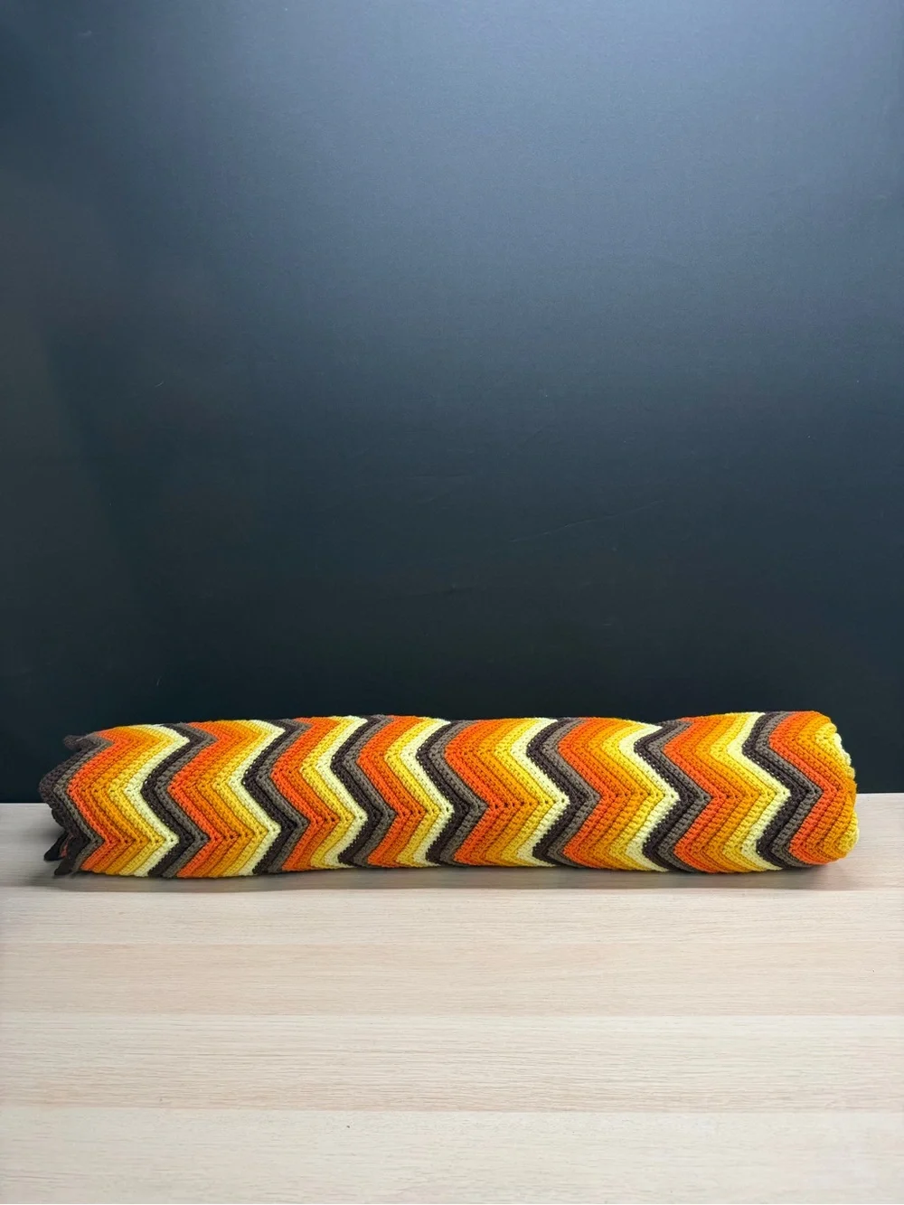Vintage Handmade Zigzag Chevron afghan blanket autumn fall colors orange76x50